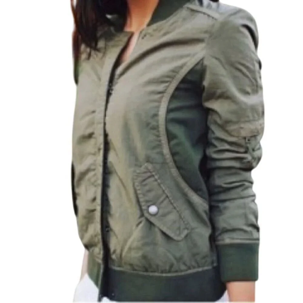 Anthropologie Marrakech Vista Bomber Jacket Green Brown Full Zip Pockets Size XS